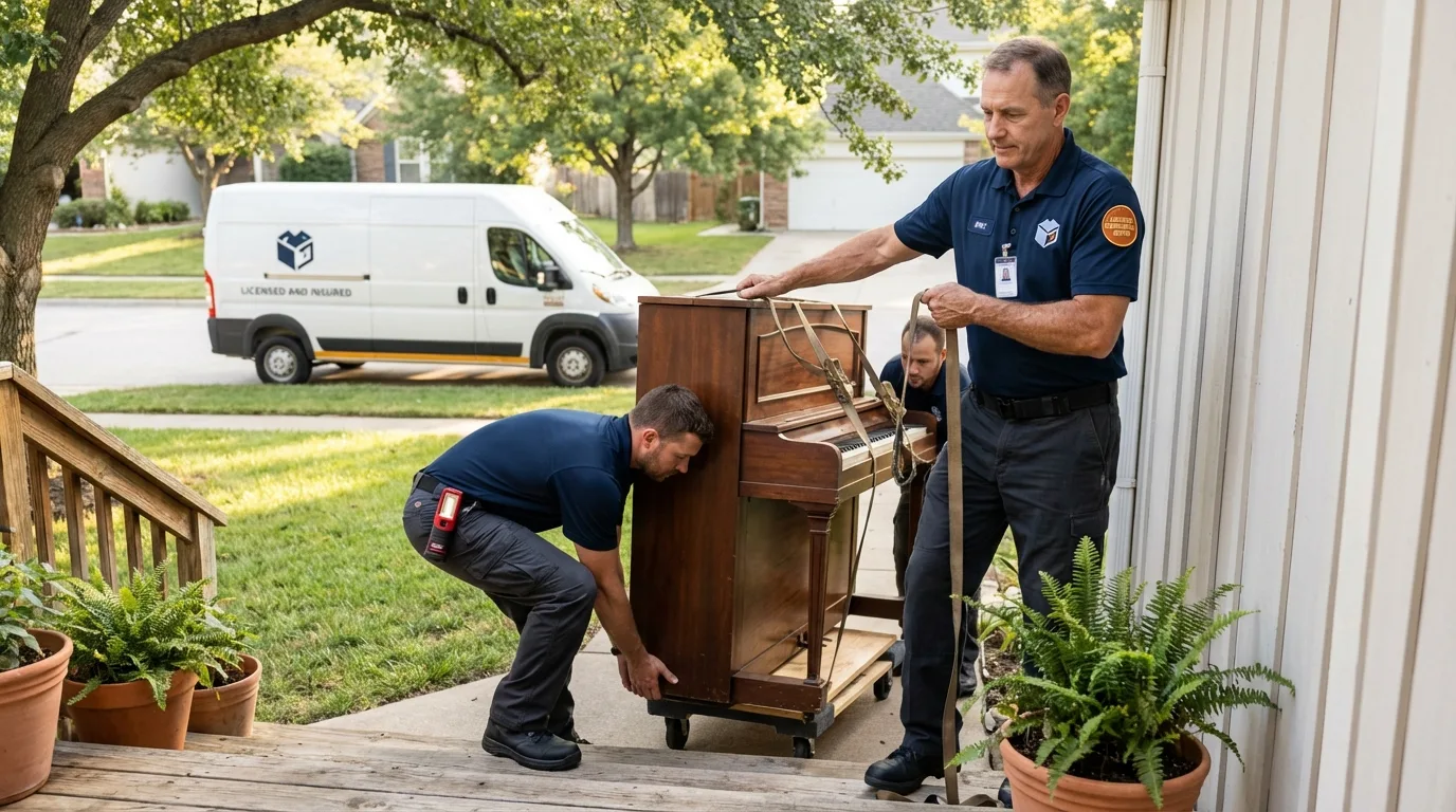 Licensed piano movers securing grand piano in Stillwater, OK