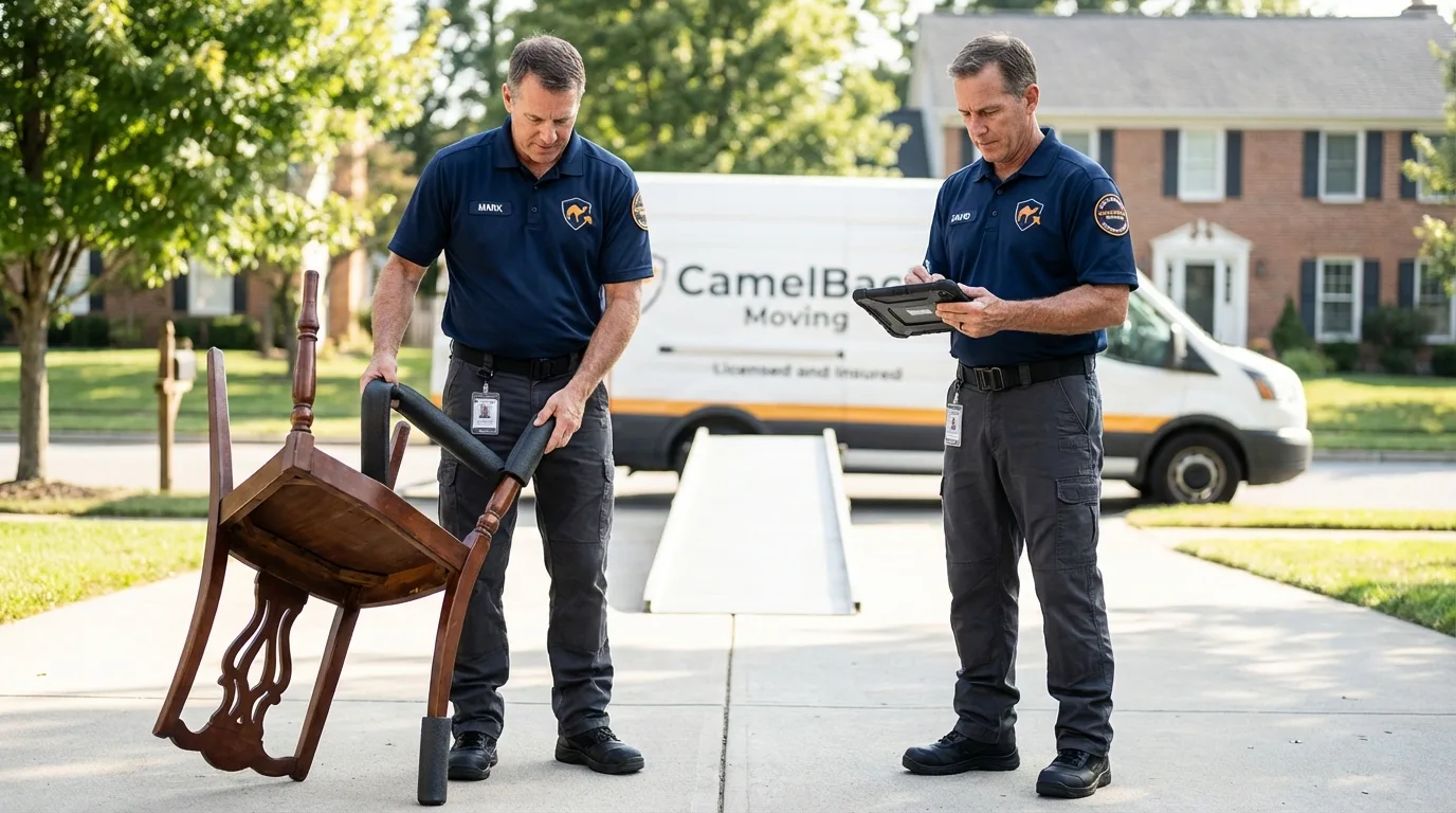 Movers inspecting furniture for damage prevention before loading in Stillwater, OK