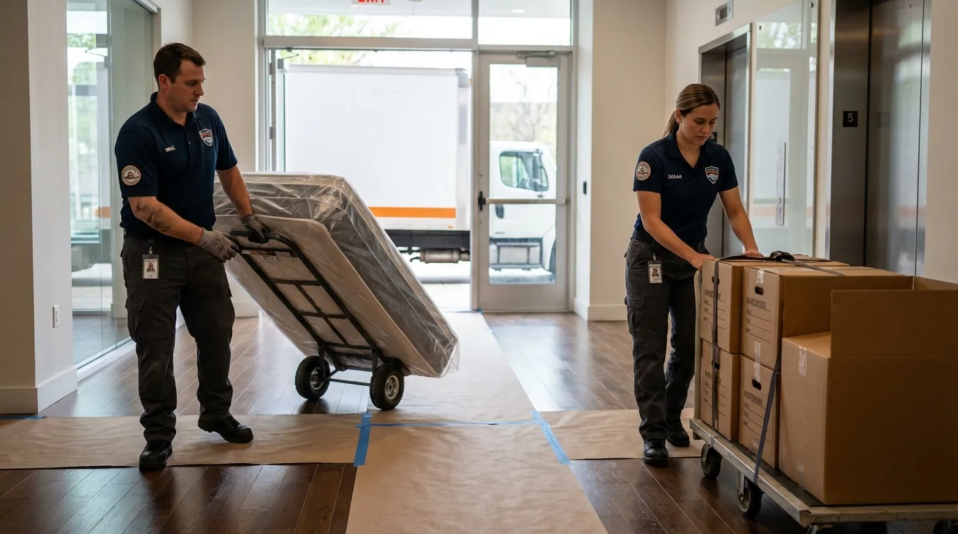 Professional apartment movers loading elevator in Stillwater, OK