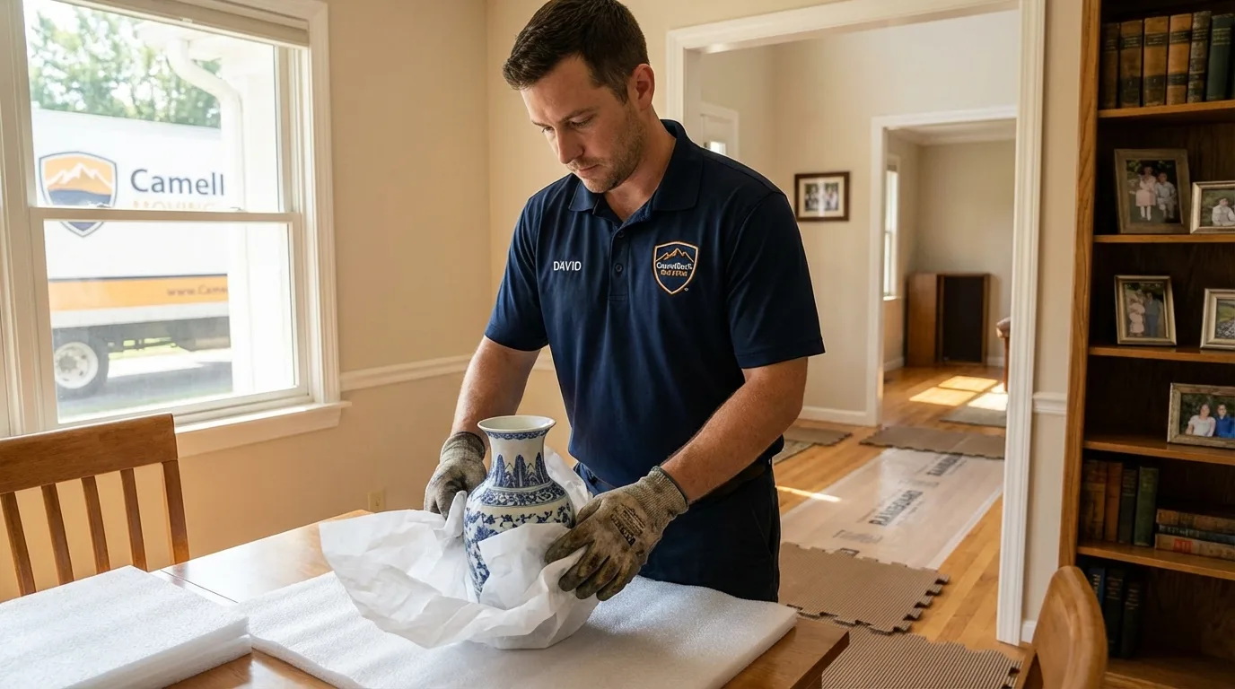 Professional crew carefully wrapping antique vase for senior downsizing move in Stillwater, OK